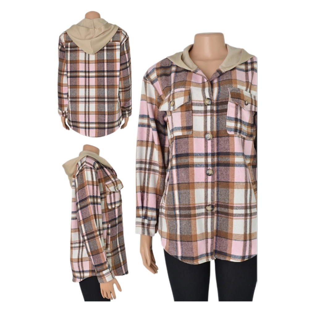 A8834 Hoodie Coat Plaid Pattern Jacket Spring Fall Pink Color
